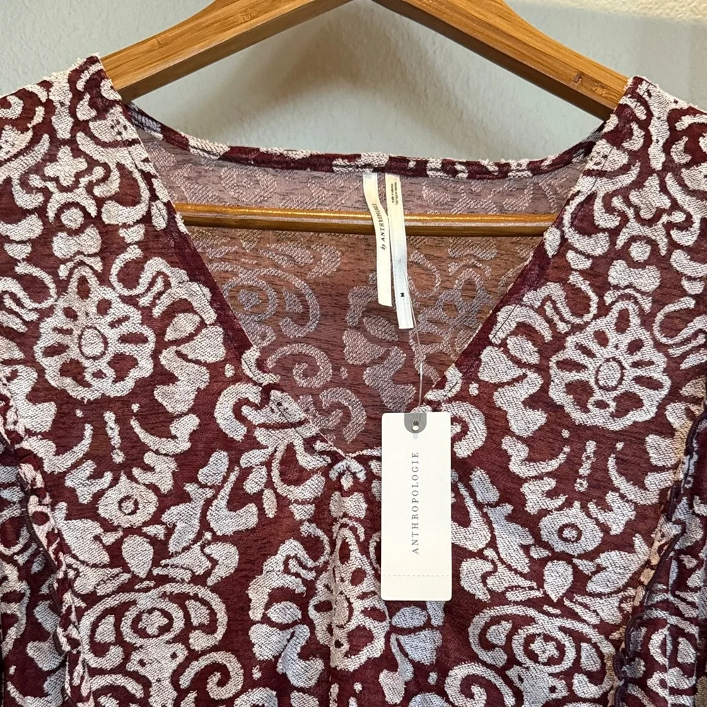 Anthropologie Burgundy and White Floral Print V-Neck Blouse